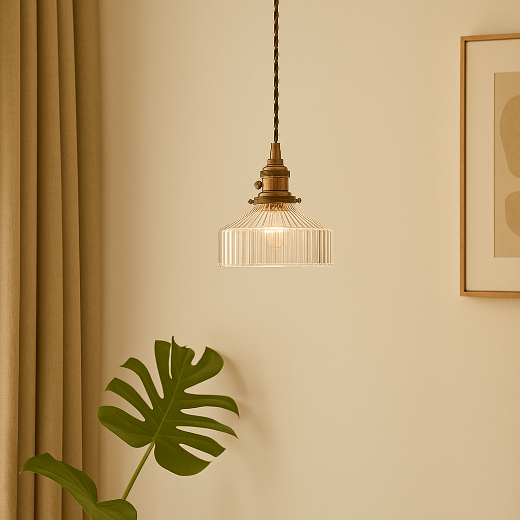Hanglamp - Gestreepte Glazen Kap & Warme Sfeergloed